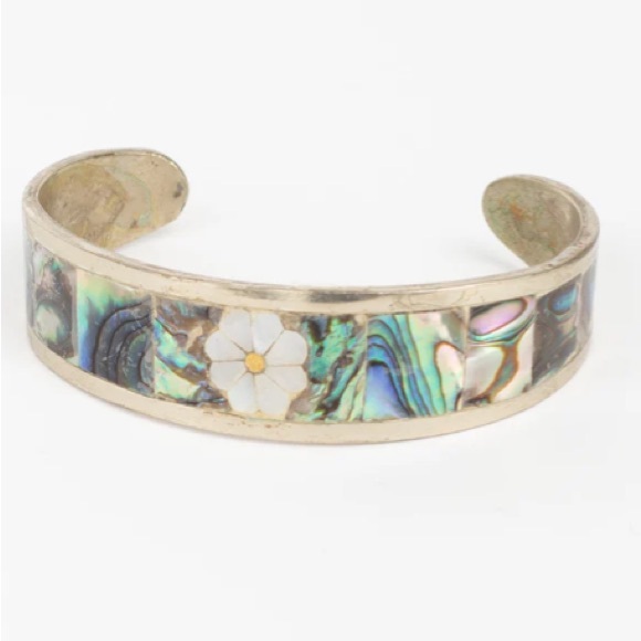 Vintage 70s Alia Abalone and Silver Bracelet with mother of pearl flower - Picture 10 of 14